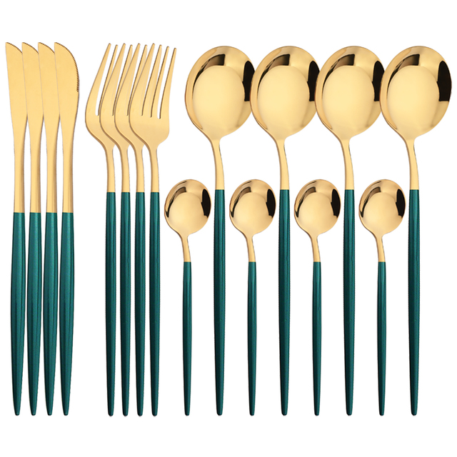 16Pcs Green Gold Dinnerware St - Kitchen Gadgets Green 评论和价格